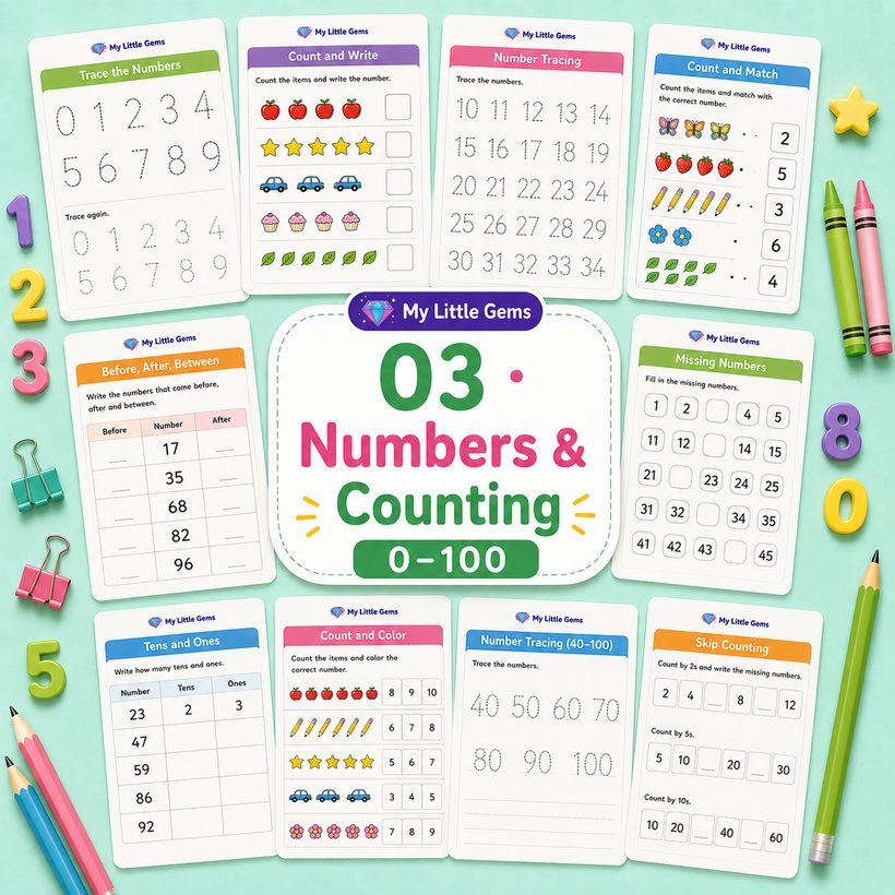 03 Numbers & Counting 0-100 – printable worksheets PDF