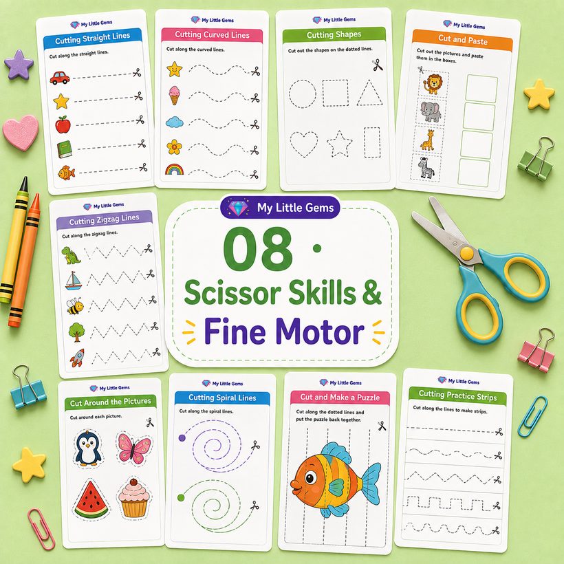 08 Scissor Skills & Fine Motor – printable worksheets PDF