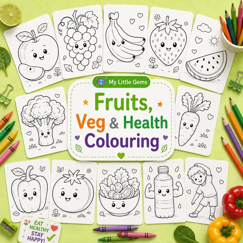 Fruits, Veg & Health Colouring – printable worksheets PDF
