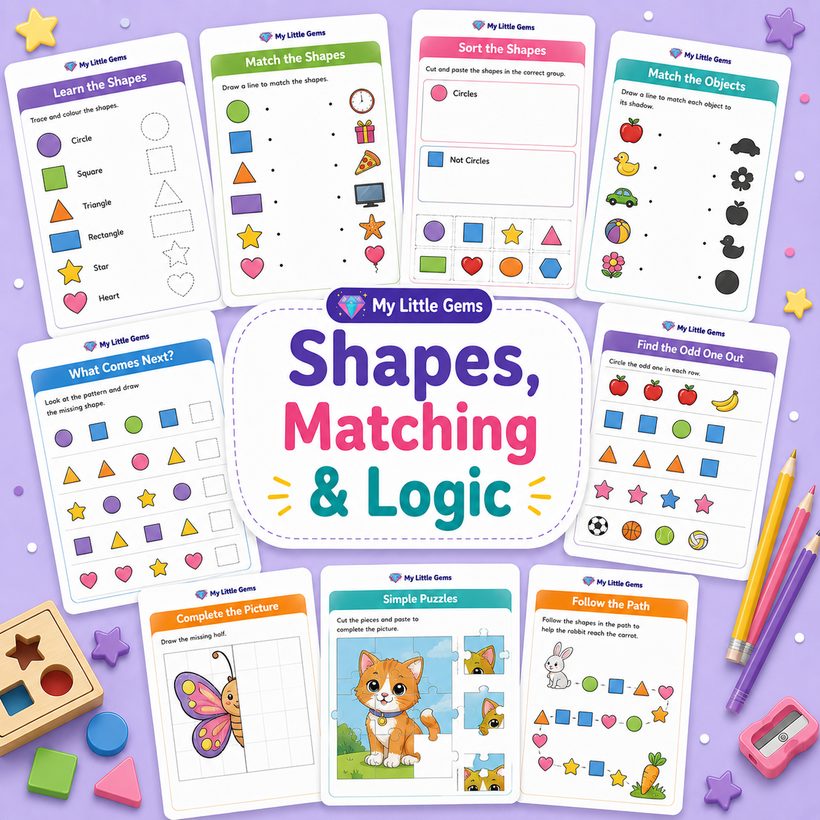 Shapes, Matching & Logic Pack – printable worksheets PDF