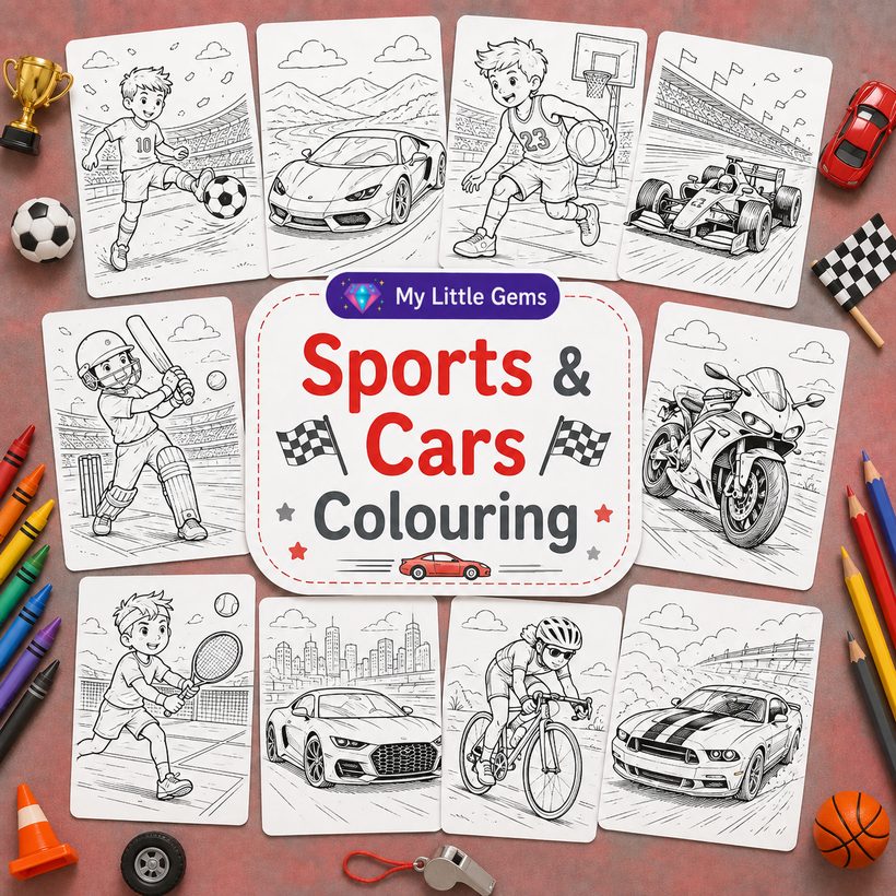 Sports & Cars Colouring – printable worksheets PDF